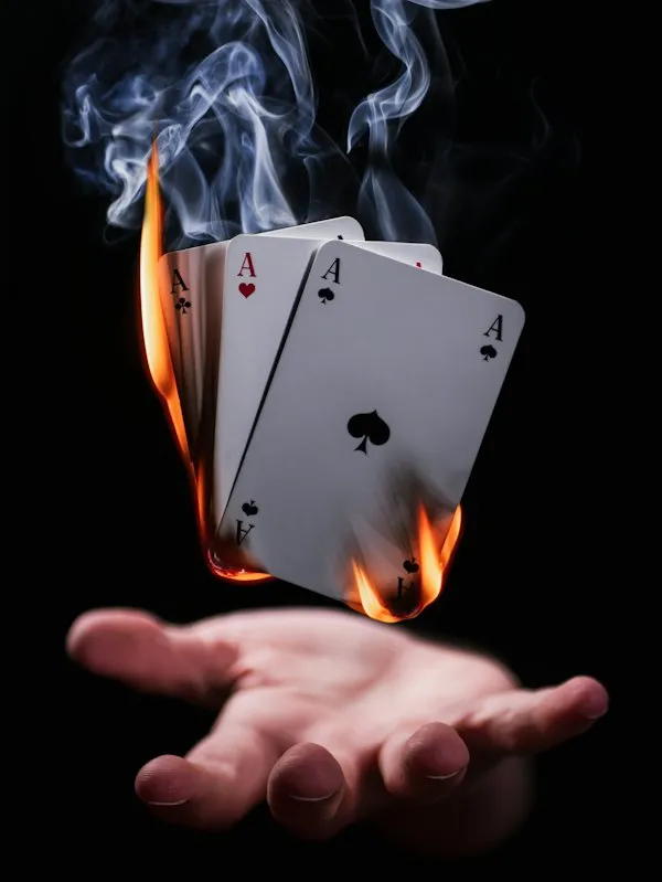 Mãos fazendo um truque de mágica com cartas em chamas, metáfora para a demo que parece mágica