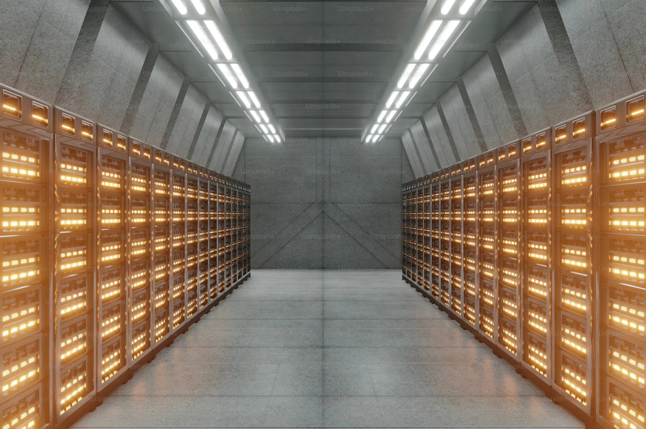Sala de servidores escura com luzes amarelas iluminando longas fileiras de racks, representando a escala da infraestrutura de IA bancada pelos hyperscalers