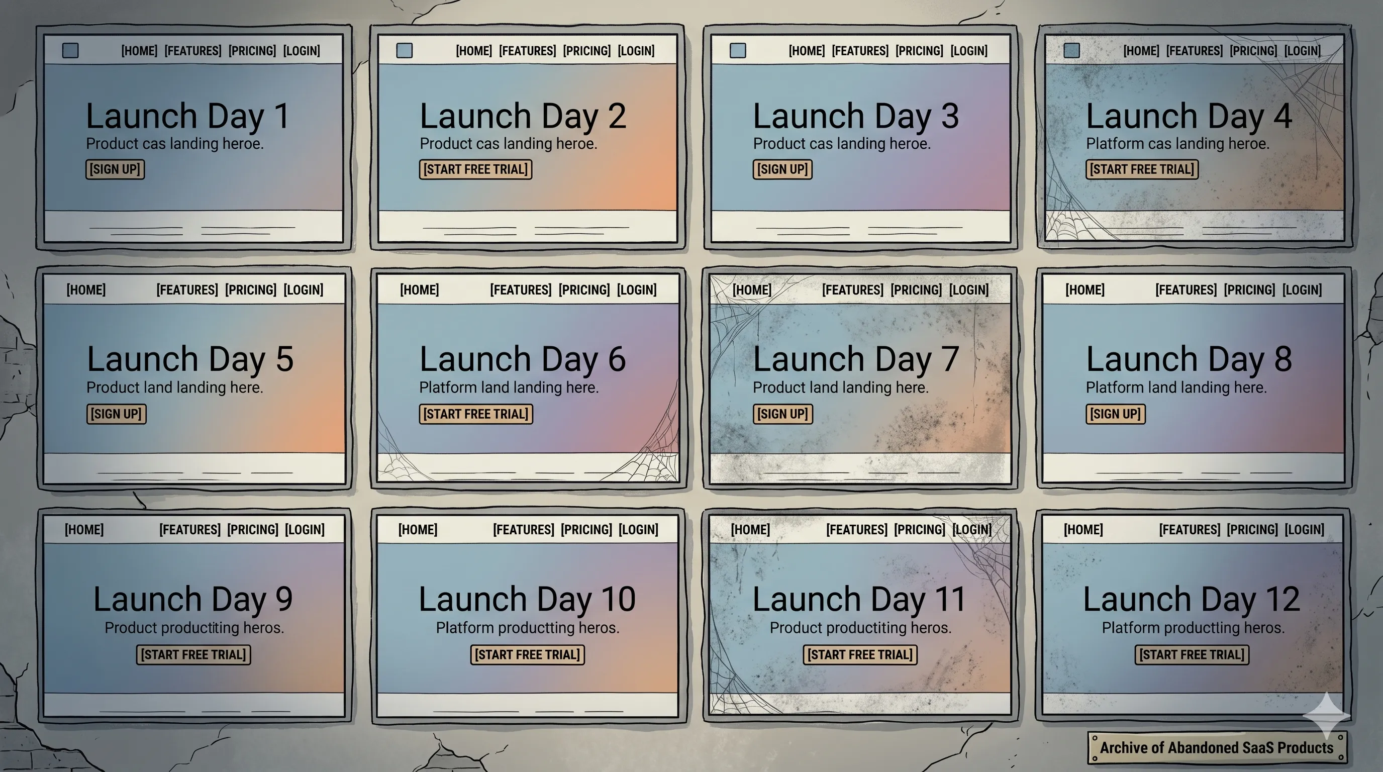 Grade de mockups de landing pages de SaaS quase idênticos, com seções hero genéricas e rótulos "Launch Day 1, 2, 3...", representando produção em massa de produtos abandonados