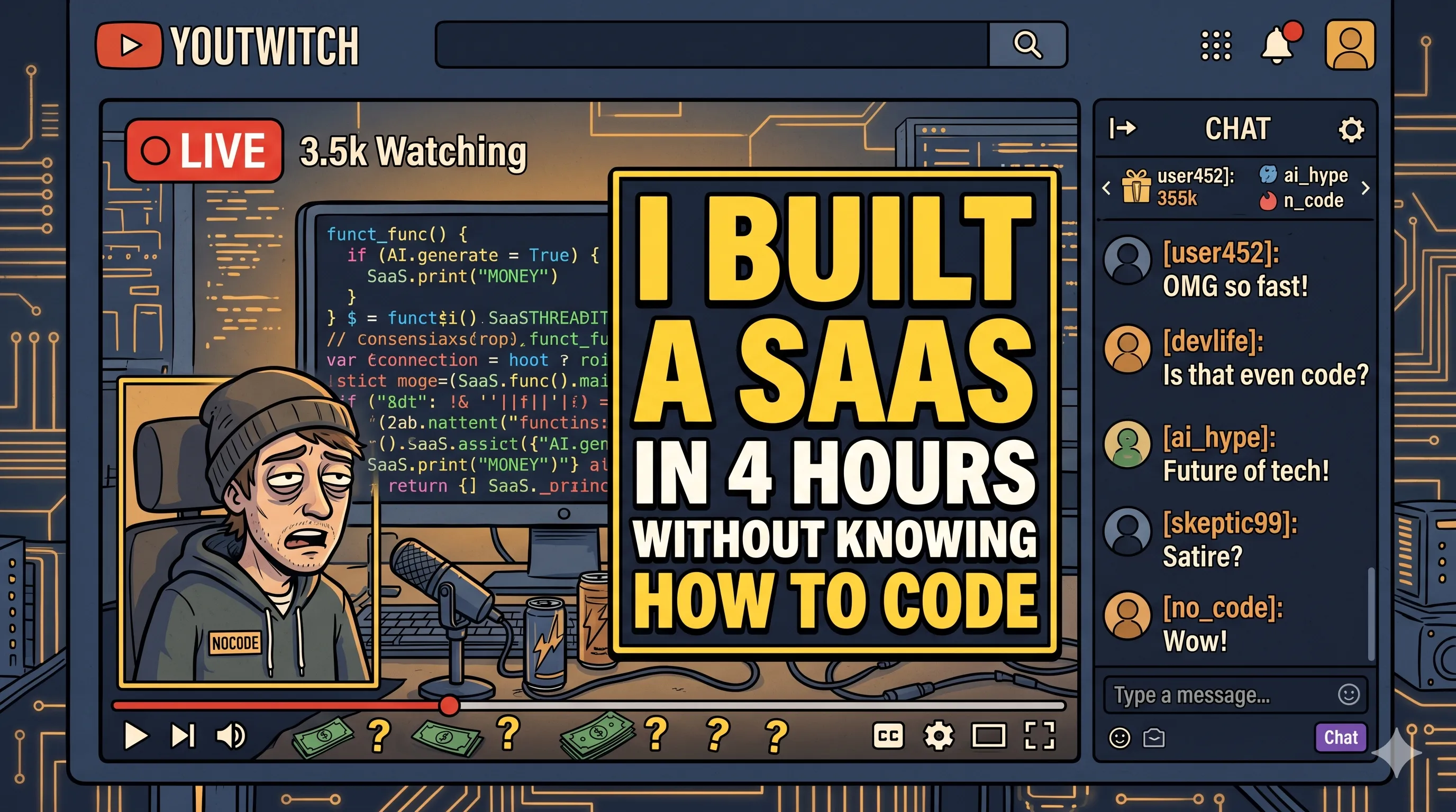 Ilustração satírica de uma interface de livestream com desenvolvedor transmitindo "vibe coding" e thumbnail amarelo sensacionalista escrito "I BUILT A SAAS IN 4 HOURS WITHOUT KNOWING HOW TO CODE"